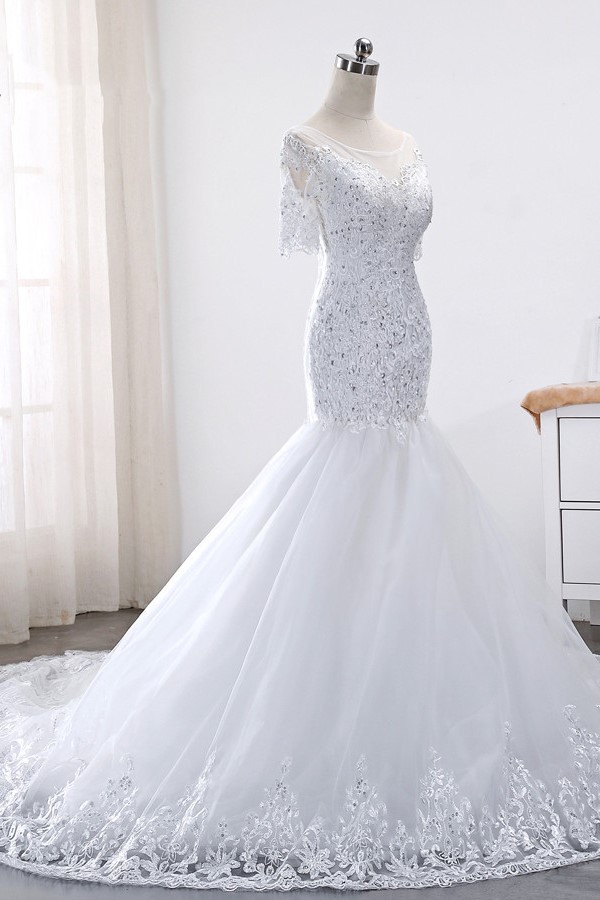 BMbridal Glamorous Jewel Tulle Lace Wedding Dress Mermaid Short Sleeves Beading Bridal Gowns Online