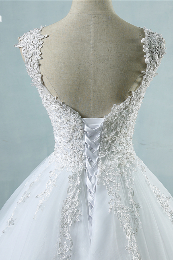 BMbridal Glamorous V-Neck Tulle Lace Beadings Wedding Dress Appliques Tulle Bridal Gowns with Rhinestones-BMbridal