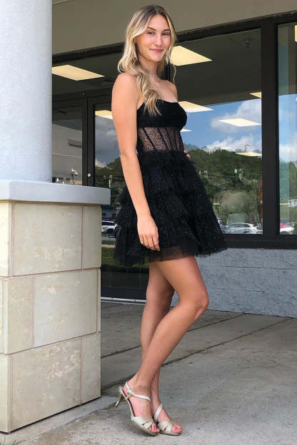 Glitter Black Corset Tiered A-Line Tulle Short Homecoming Dress