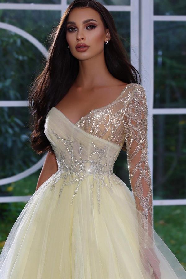 BMbridal Long Sleeves Daffodil Prom Dress Tulle With Sequins Beads