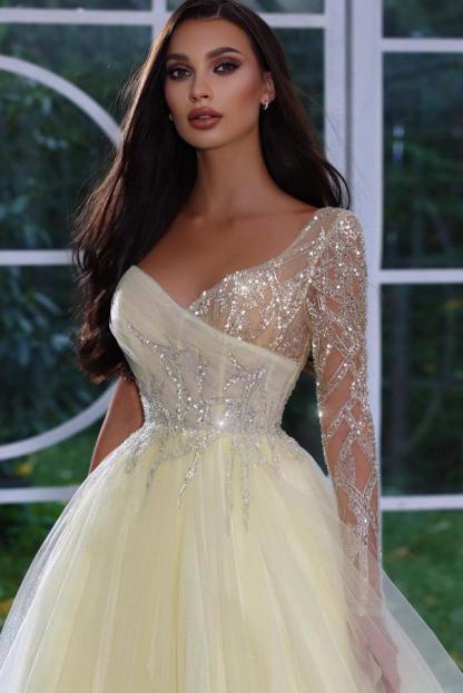 BMbridal Long Sleeves Daffodil Prom Dress Tulle With Sequins Beads
