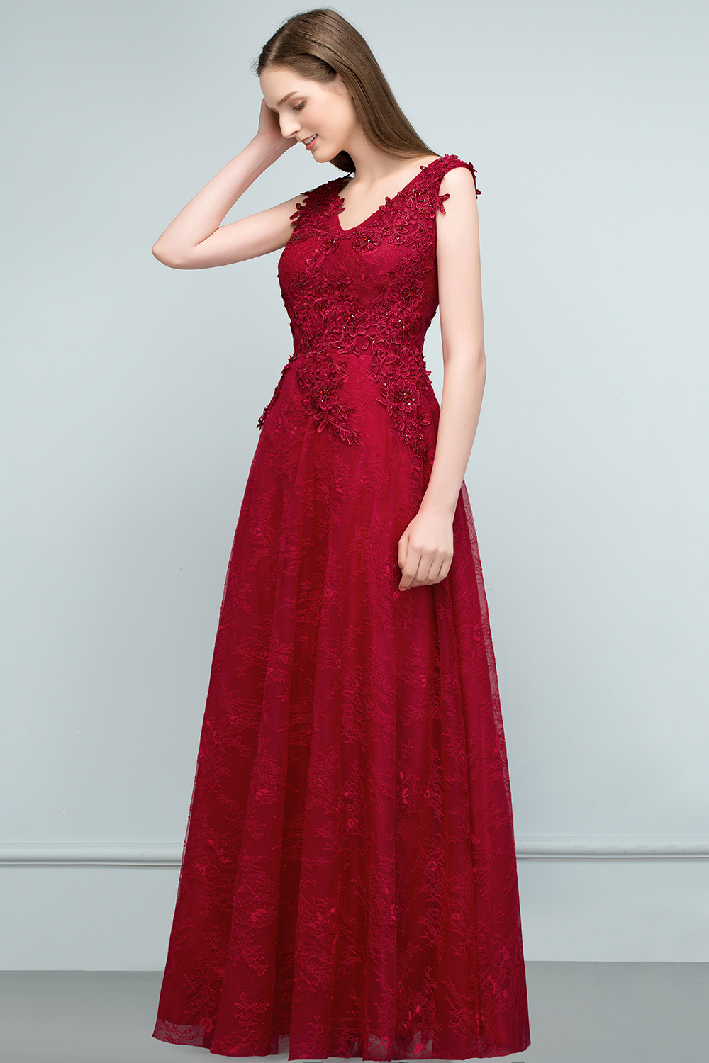 BMbridal Burgundy V-Neck Lace Prom Dress Long Evening Party Gowns With Appliques