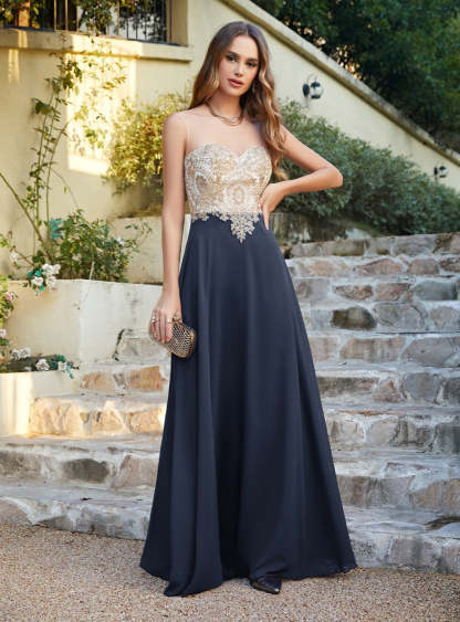 A-line Scoop Chiffon Appliques Floor-Length Dresses Dark Navy-BMbridal