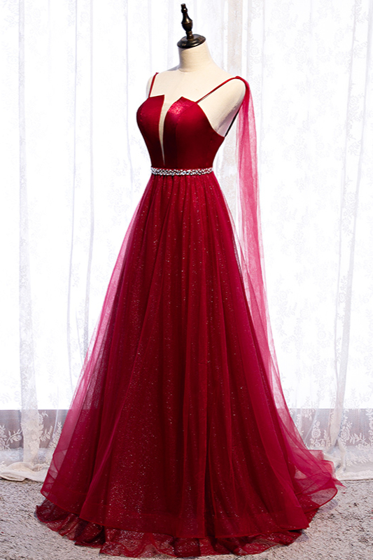 BMbridal Stunning Spaghetti Straps Tulle Burgundy Prom Dresses V-Neck Sleeveless Sequins Evening Dresses Online-BMbridal