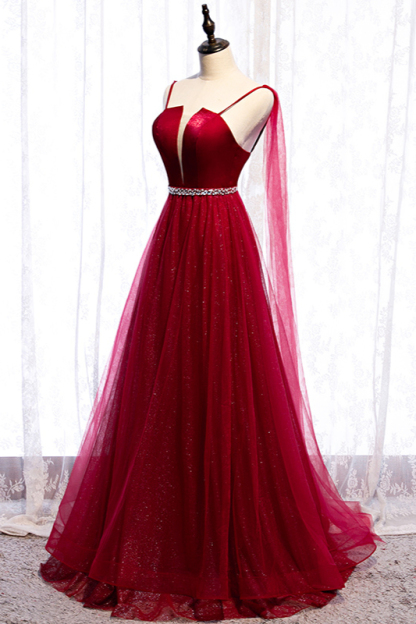 BMbridal Stunning Spaghetti Straps Tulle Burgundy Prom Dresses V-Neck Sleeveless Sequins Evening Dresses Online-BMbridal