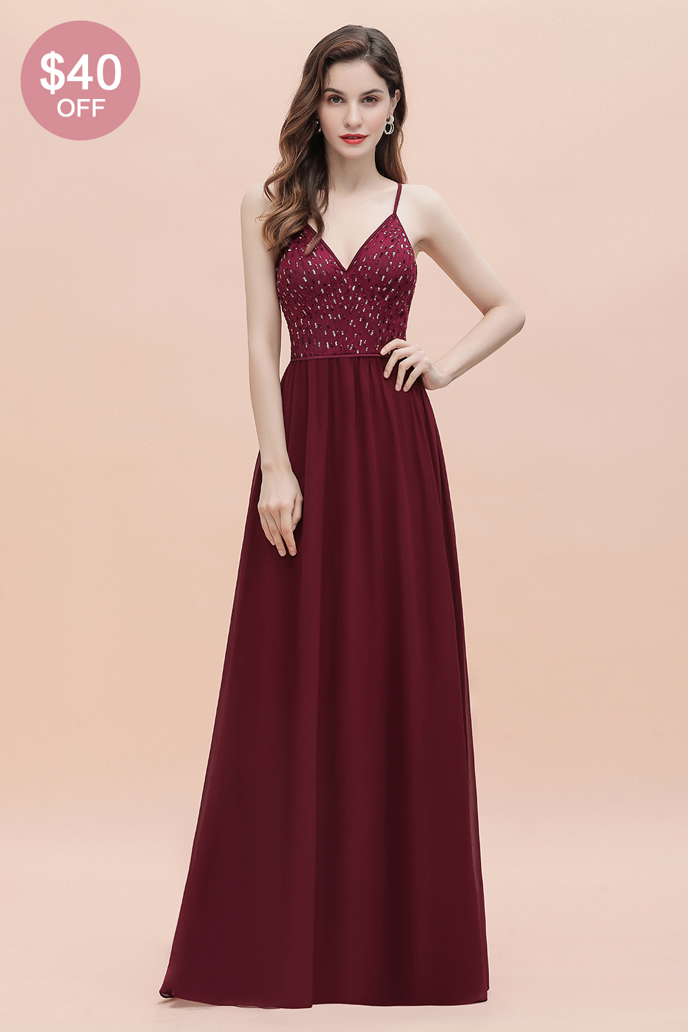 BMbridal Fabulous A-line Burgundy Chiffon Bridesmaid Dress V-Neck Spaghetti Straps Sequins Evening Dress-BMbridal