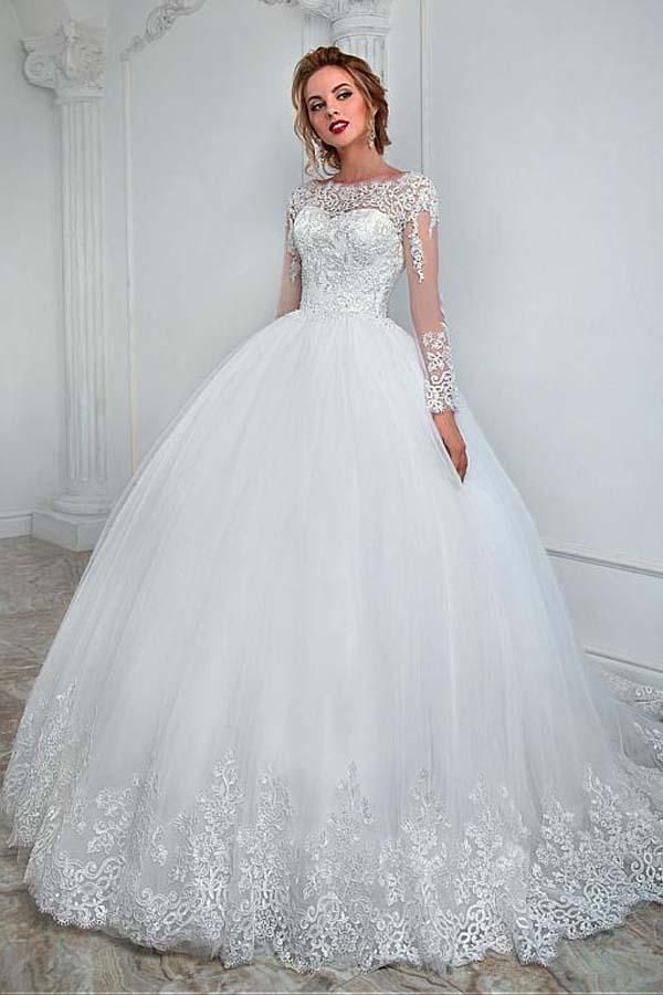 Stunning Jewel Ball Gown Long Sleeves Wedding Dress with Tulle Lace