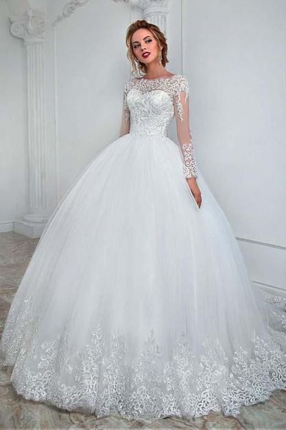 Stunning Jewel Ball Gown Long Sleeves Wedding Dress with Tulle Lace