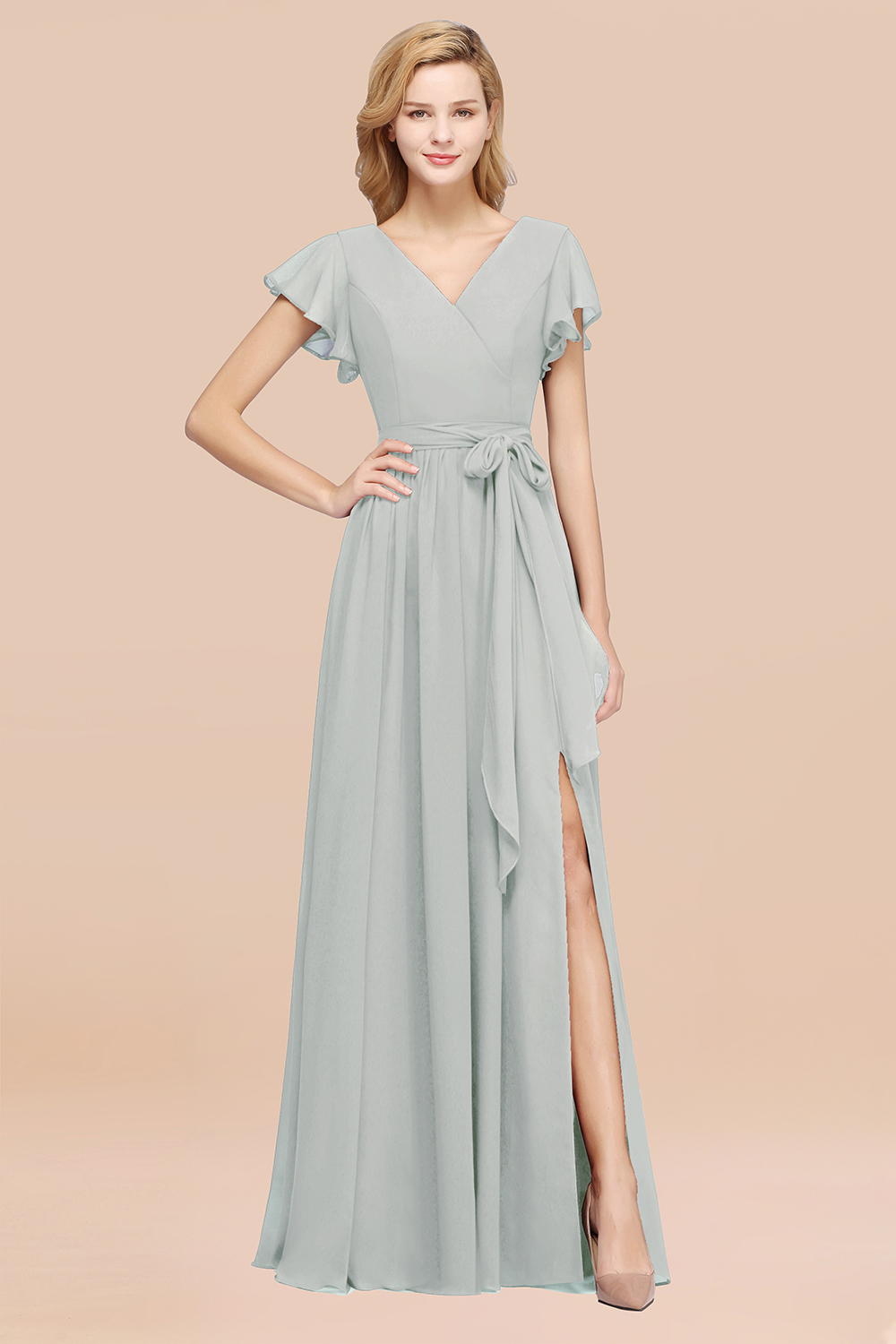 BMbridal Burgundy V-Neck Long Bridesmaid Dress With Short-Sleeves-BMbridal