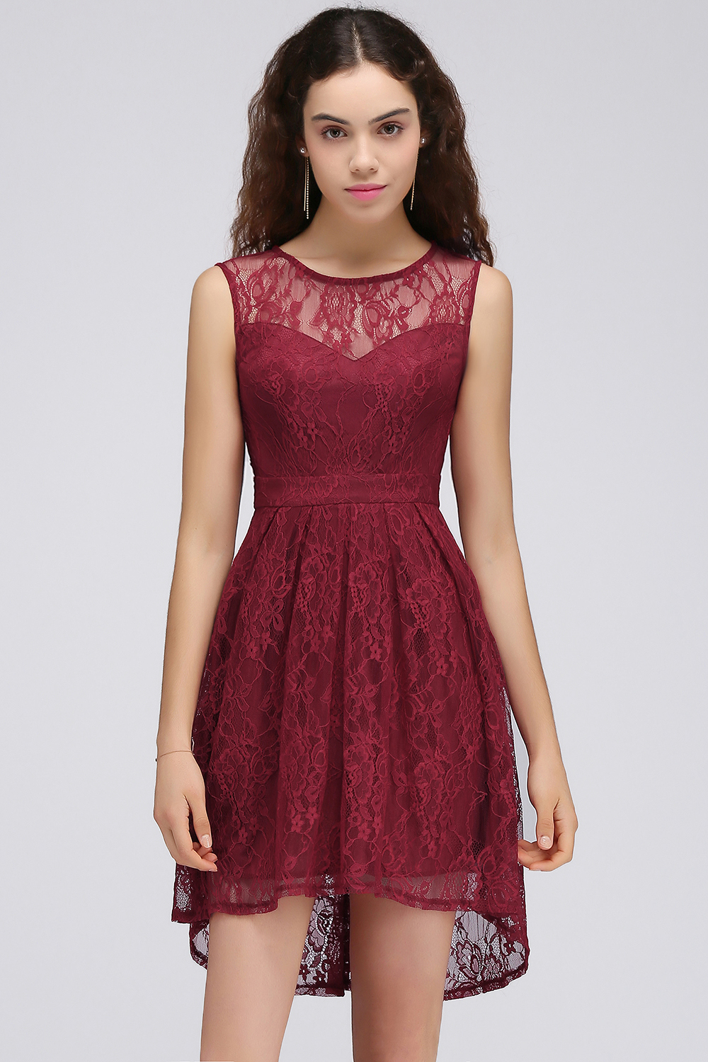 BMbridal A-Line Round Neck Short Lace Burgundy Homecoming Dress