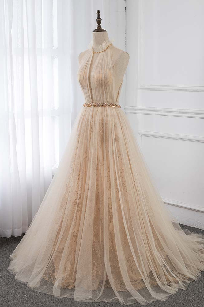 BMbridal Elegant Tulle Jewel Appliques Ruffle Prom Dresses with Beadings Sash