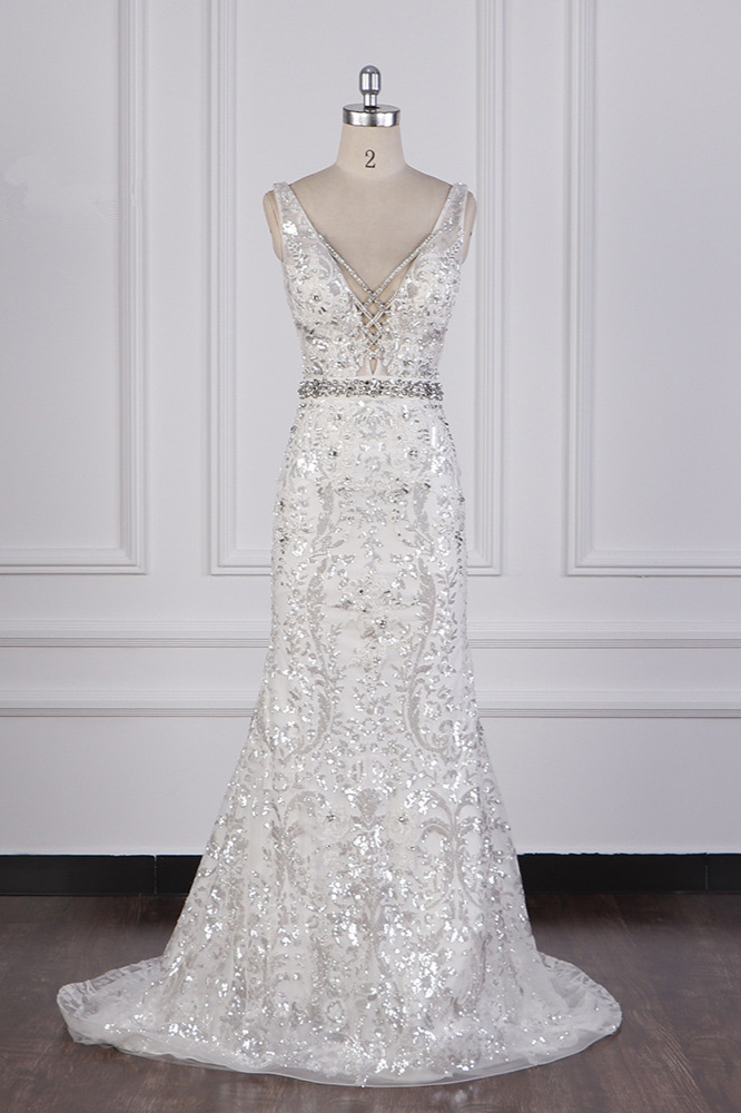 BMbridal Sparkly Sequins Straps V-Neck Wedding Dress Beadings Sleeveless Bridal Gowns with Sash On Sale-BMbridal
