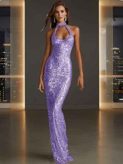 Glamorous Gold Sequin Halter Neck Mermaid Long Prom Dress