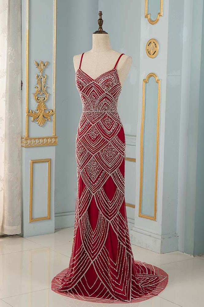 BMbridal Chic Spaghetti Straps Burgundy Mermaid Prom Dresses with Rhinestones