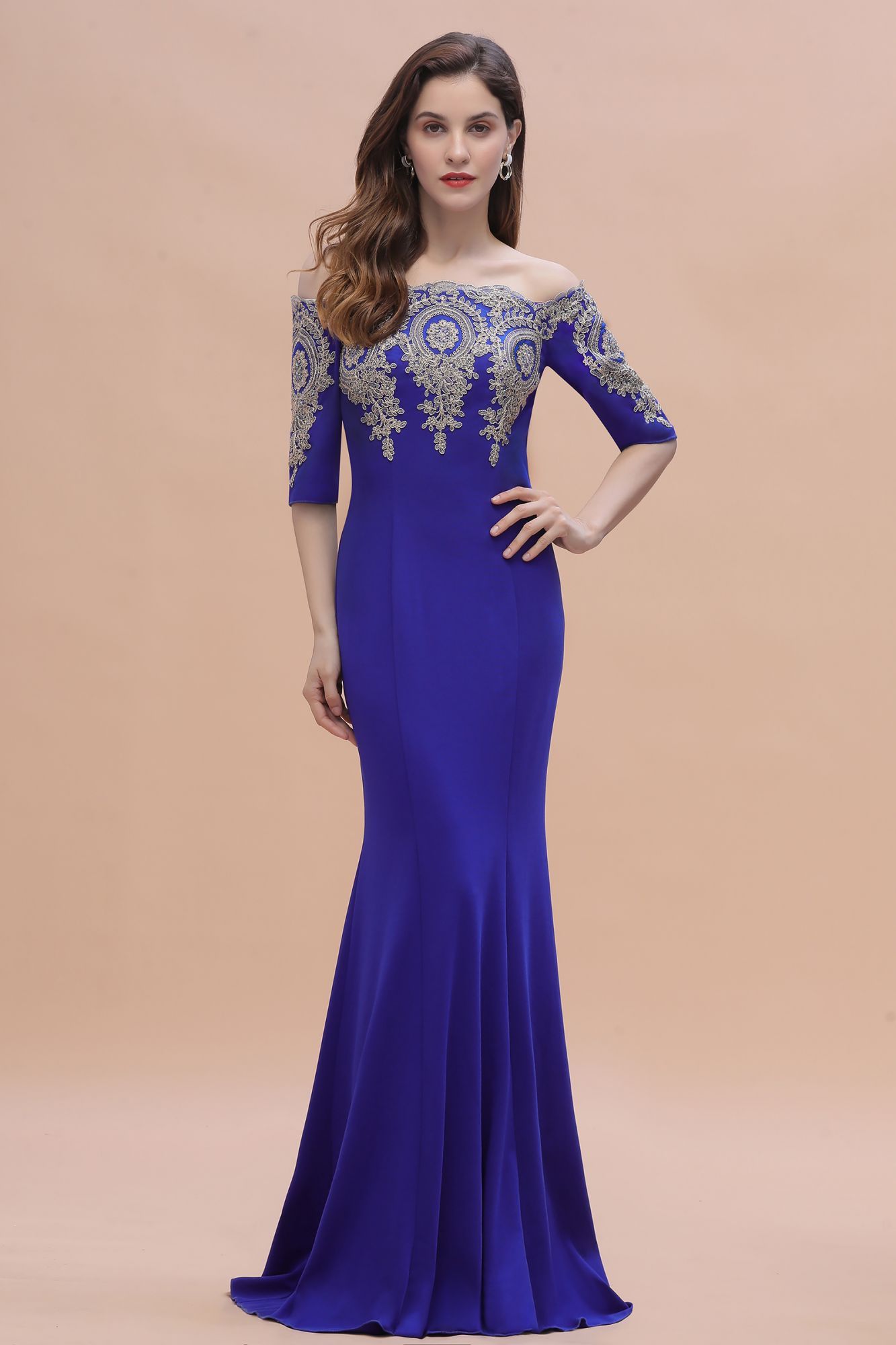 BMbridal Mermaid Off-Shoulder Chiffon Lace Half Sleeve Evening Dress