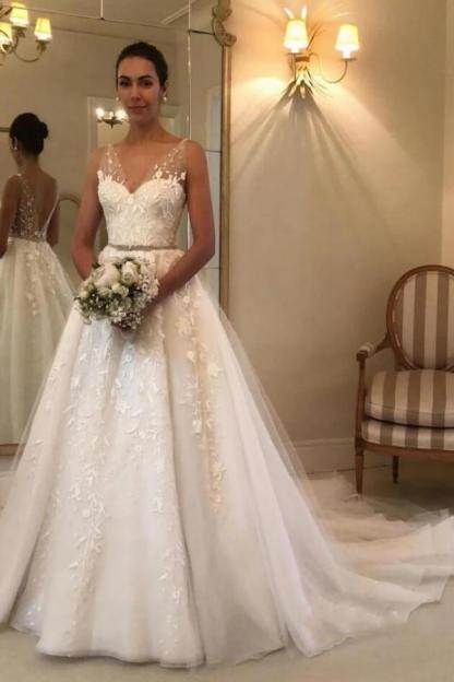 Popular Open Back Long A-Line Wedding Dress with Sweetheart Tulle