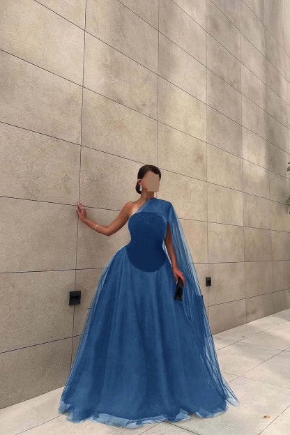 Chic Black Tulle One Shoulder Sleeveless Ball Gown Long Prom Dress