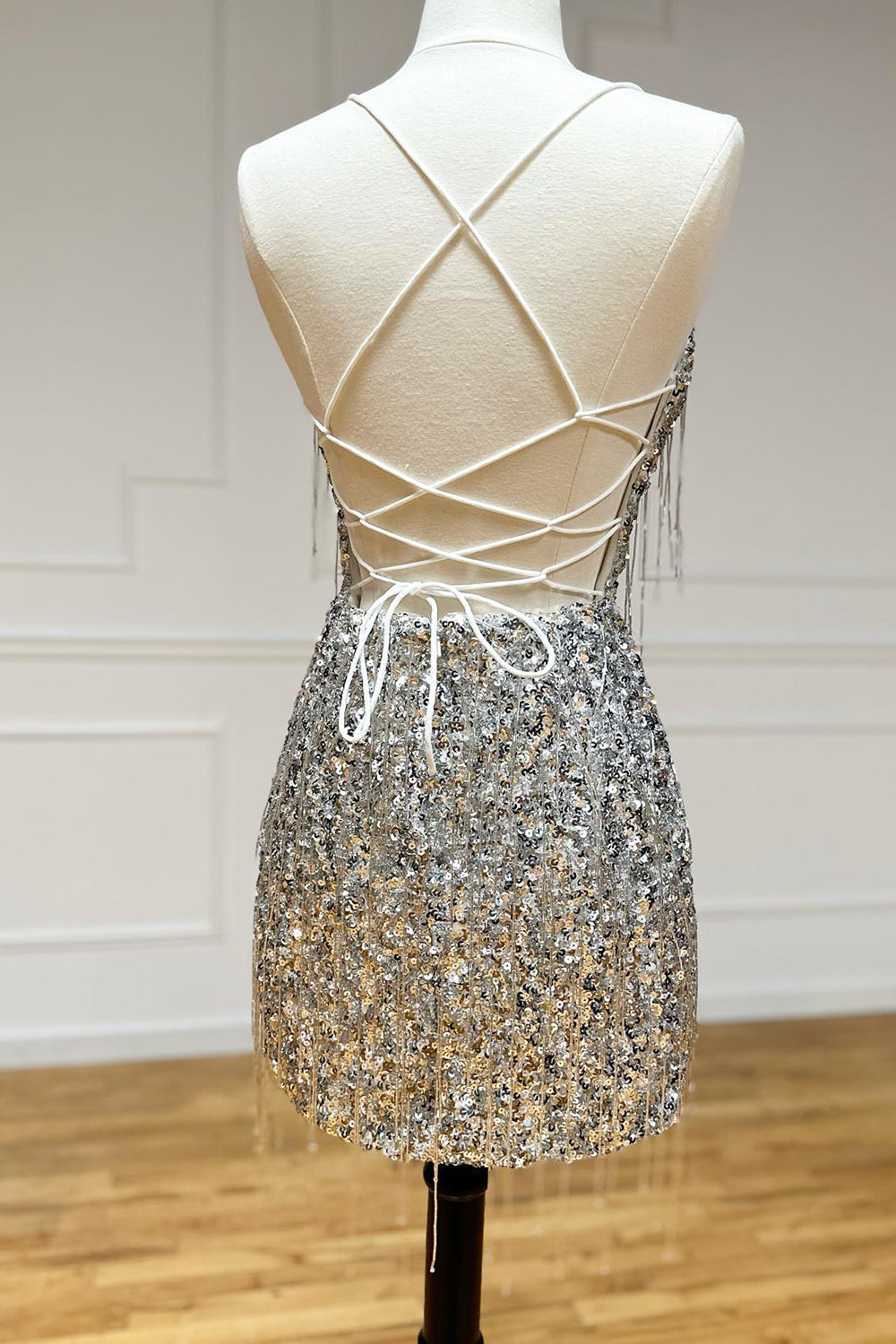 Sparkly Silver Sequin Fringed Tight Short Homecoming Dress-BMbridal