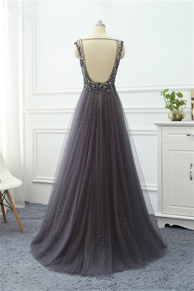 BMbridal Elegant Tulle V-Neck Ruffle Beadings Prom Dresses with Appliques