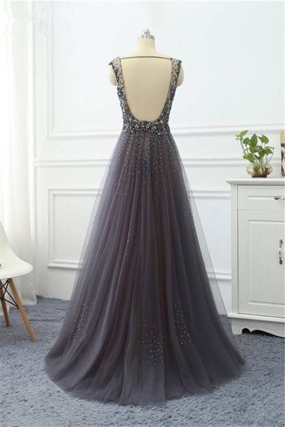 BMbridal Elegant Tulle V-Neck Ruffle Beadings Prom Dresses with Appliques