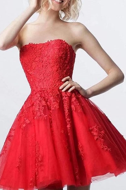 Fashionable Short Strapless A-Line Lace Tulle Prom Dresses
