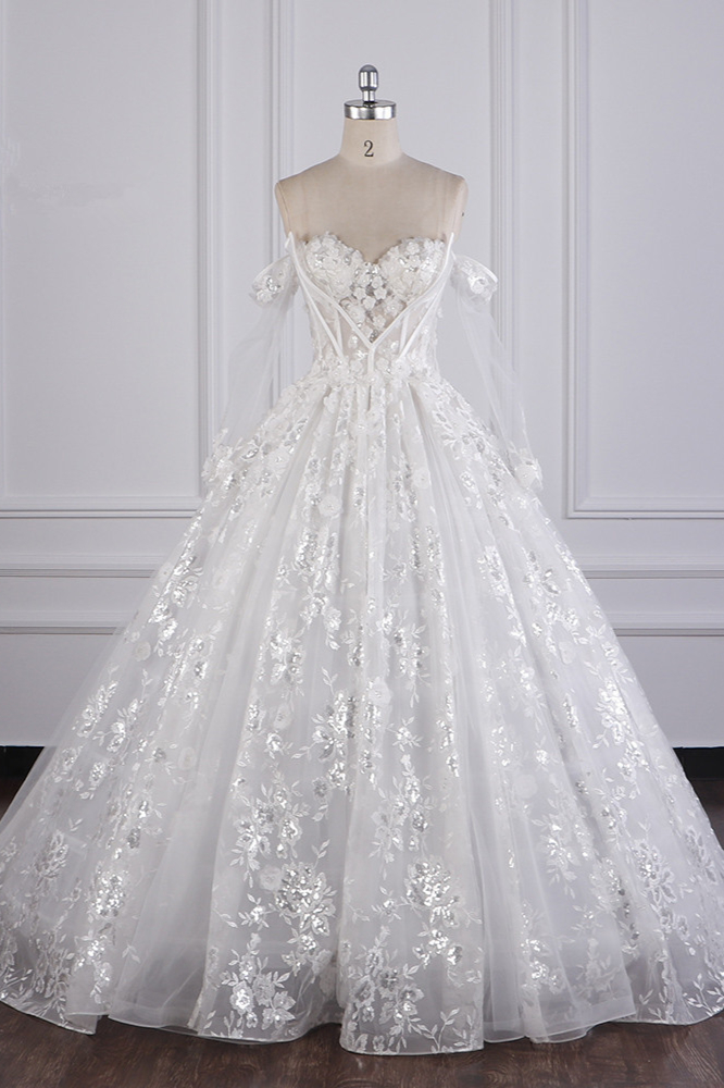 BMbridal Gorgeous Ball Gown Strapless Tulle Lace Wedding Dress Sleeveless Appliques Sequins Bridal Gowns-BMbridal