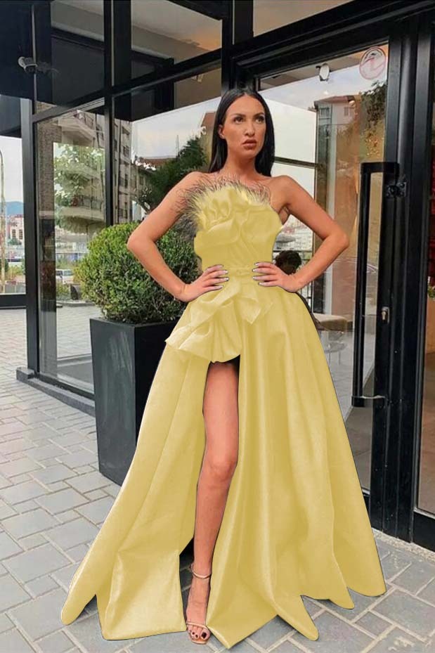 Strapless Sleeveless Long Black A Line Prom Dress High Split With Feather