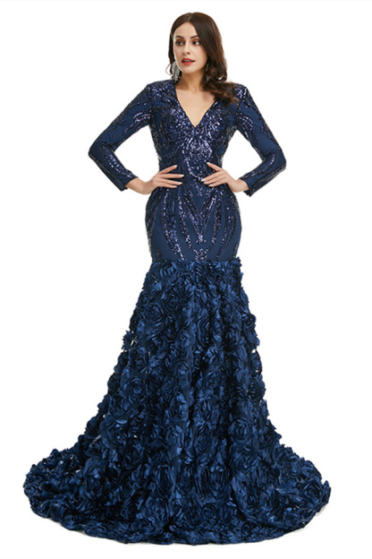 Bmbridal Long Sleeves V-Neck Prom Dress Mermaid Sequins With Flowers Bottom