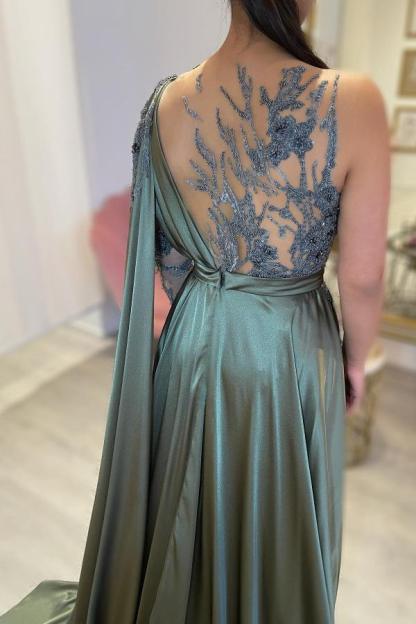 Bmbridal Army Green Long Sleeve Prom Dress One Shoulder With Appliques