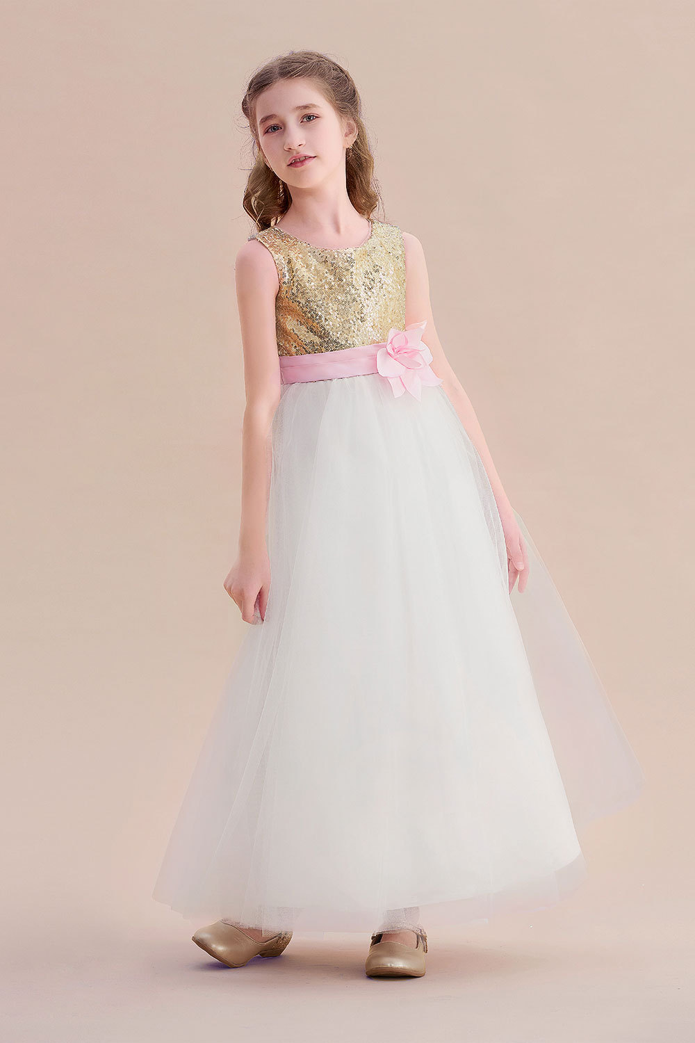 BMbridal A-Line Sequins Tulle High-waisted Flower Girl Dress On Sale-BMbridal