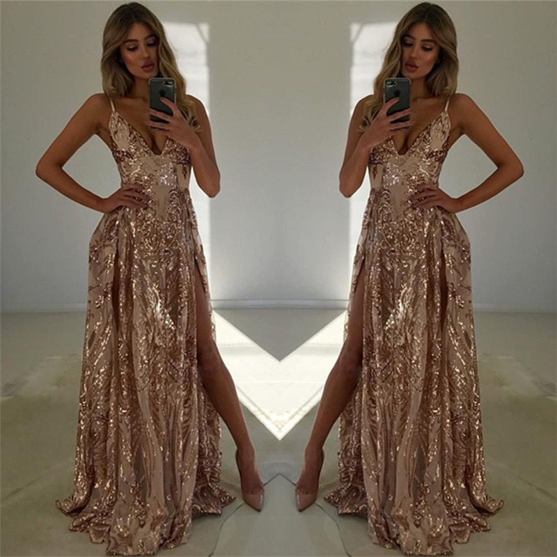Bmbridal Spaghetti-Straps V-Neck Prom Dress Sequins Split Sleeveless Evening Gown