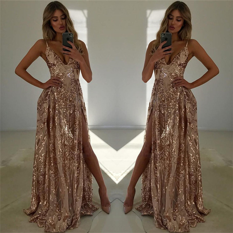 Bmbridal Spaghetti-Straps V-Neck Prom Dress Sequins Split Sleeveless Evening Gown