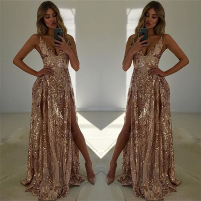 Bmbridal Spaghetti-Straps V-Neck Prom Dress Sequins Split Sleeveless Evening Gown