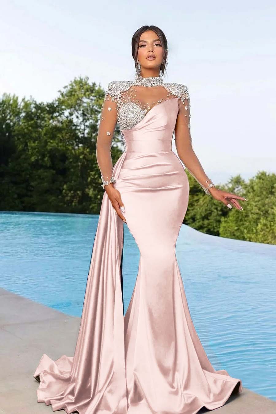 Bmbridal Purple Long Sleeves Evening Gown Mermaid Ruffle With Crystals