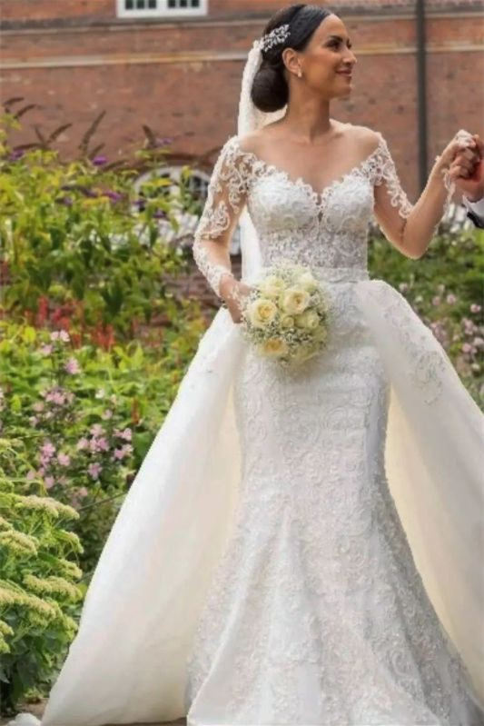 V-Neck Long Sleeves Lace Appliques Mermaid Wedding Dress with Detachable Skirt