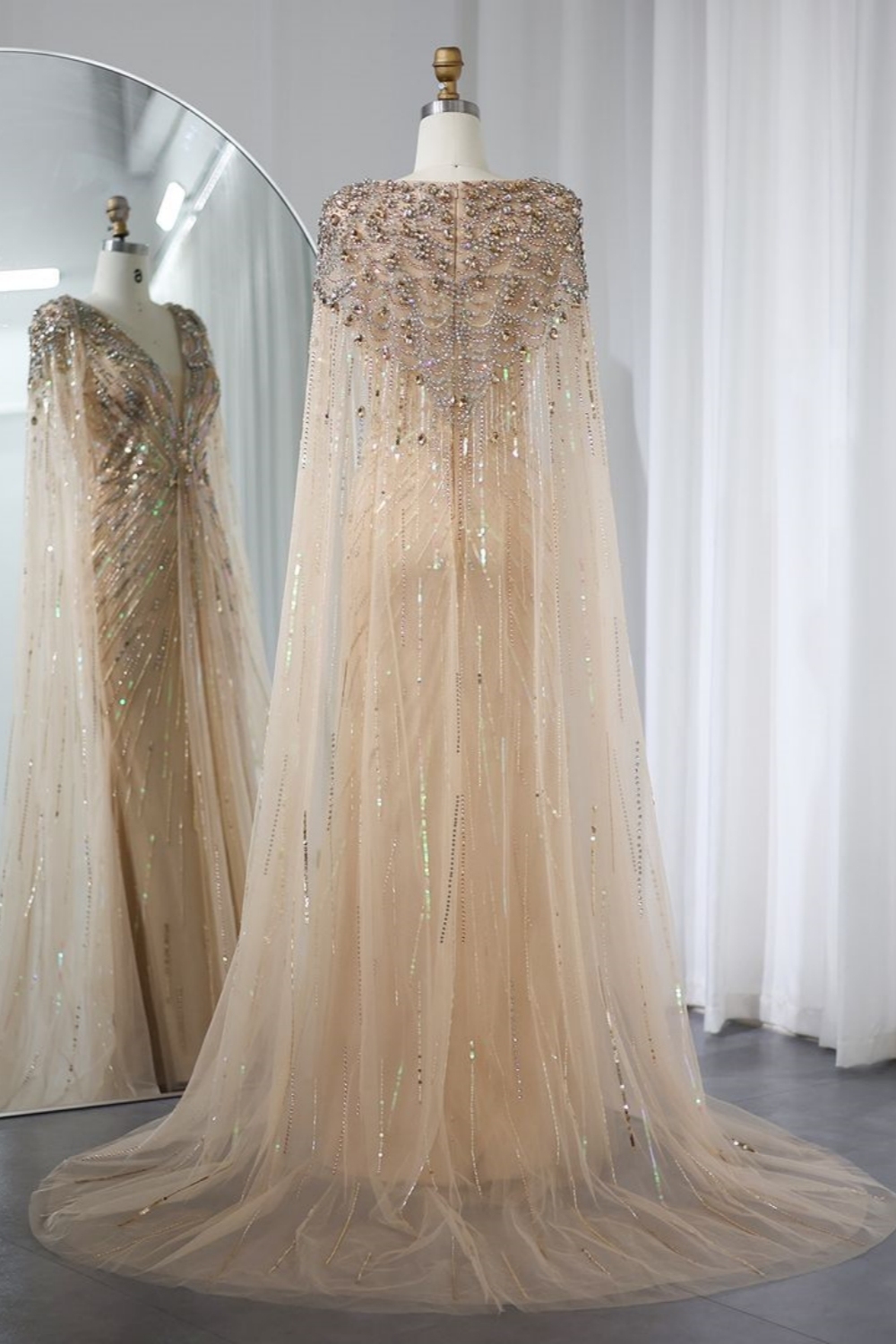 Bmbridal A-Line Gold V-Neck Floor-Length Tulle Prom Dresses with Appliques