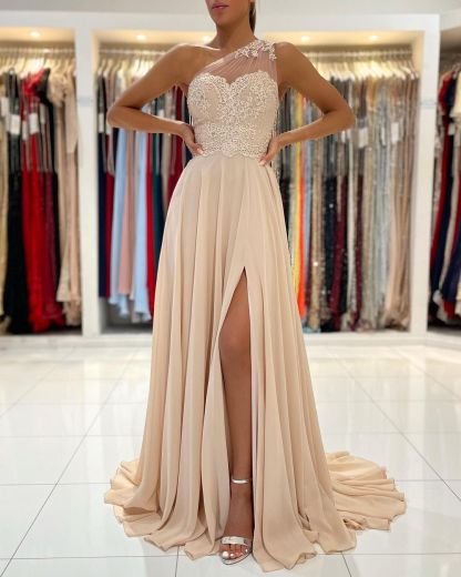 Bmbridal Champagne One Shoulder Prom Dress Split Long With Appliques