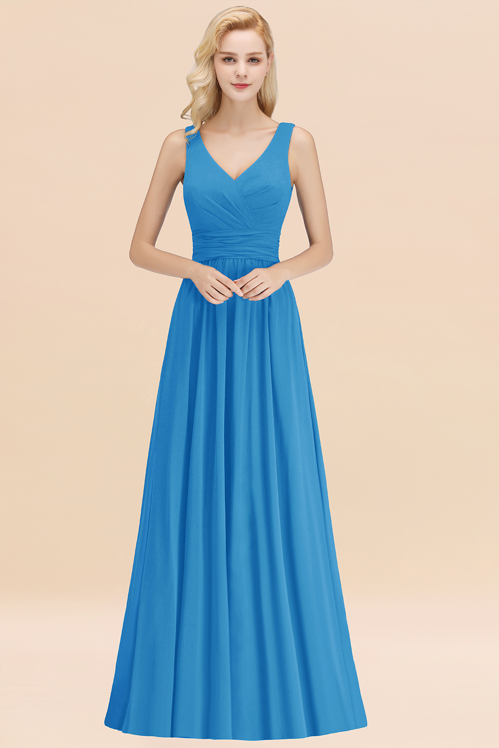 BMbridal Modest Sleeveless V-Neck Long Chiffon Bridesmaid Dress Online with Ruffle-BMbridal