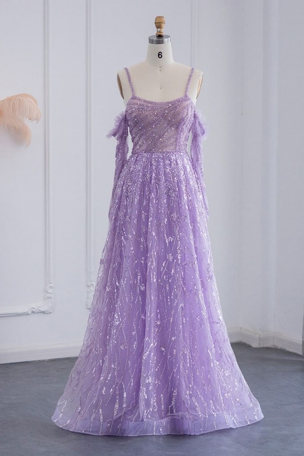 Bmbridal Lilac Tulle Straps A-Line Sleeveless Prom Dresses wih Appliques