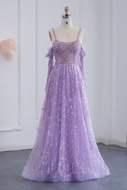 Bmbridal Lilac Tulle Straps A-Line Sleeveless Prom Dresses wih Appliques