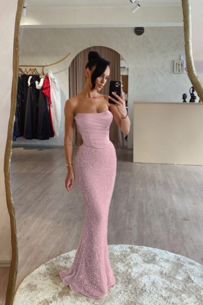 Strapless Sleeveless Long Mermaid Prom Dress With Sequin Pleated