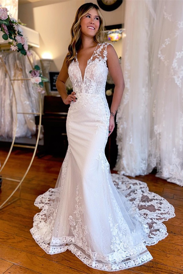 Bmbridal V-Neck White Wedding Dress Mermaid With Lace Appliques-BMbridal