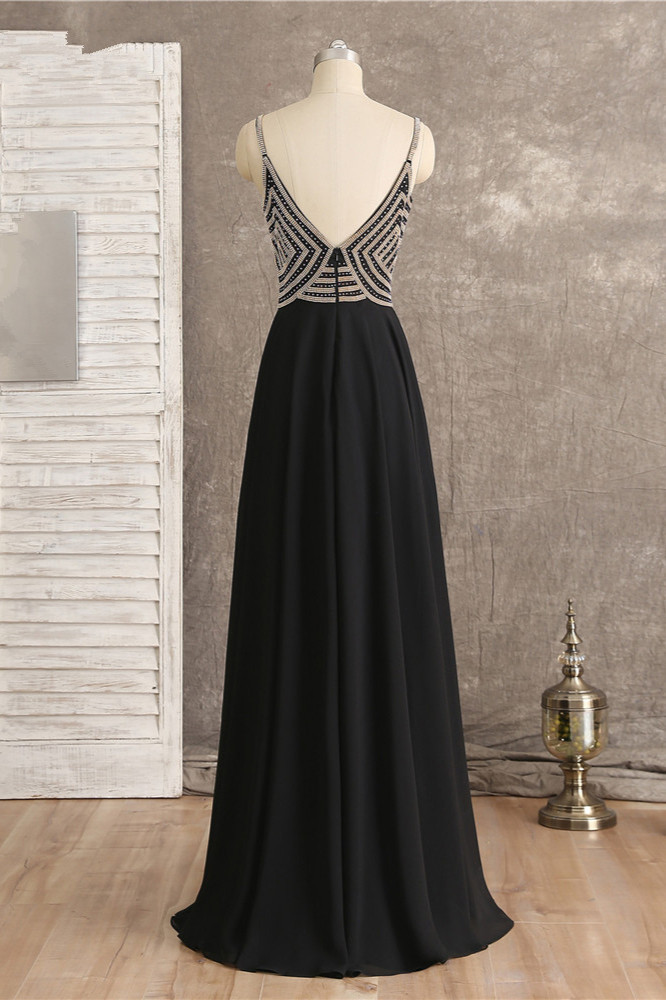 BMbridal Sexy Spaghetti Straps V-Neck Black Prom Dresses Sleeveless with Ruffles Beadings On Sale