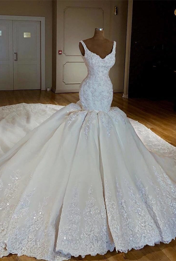 BMbridal Gorgeous Straps White Mermaid Wedding Dresses Satin Ruffles Bridal Gowns With Appliques Online-BMbridal