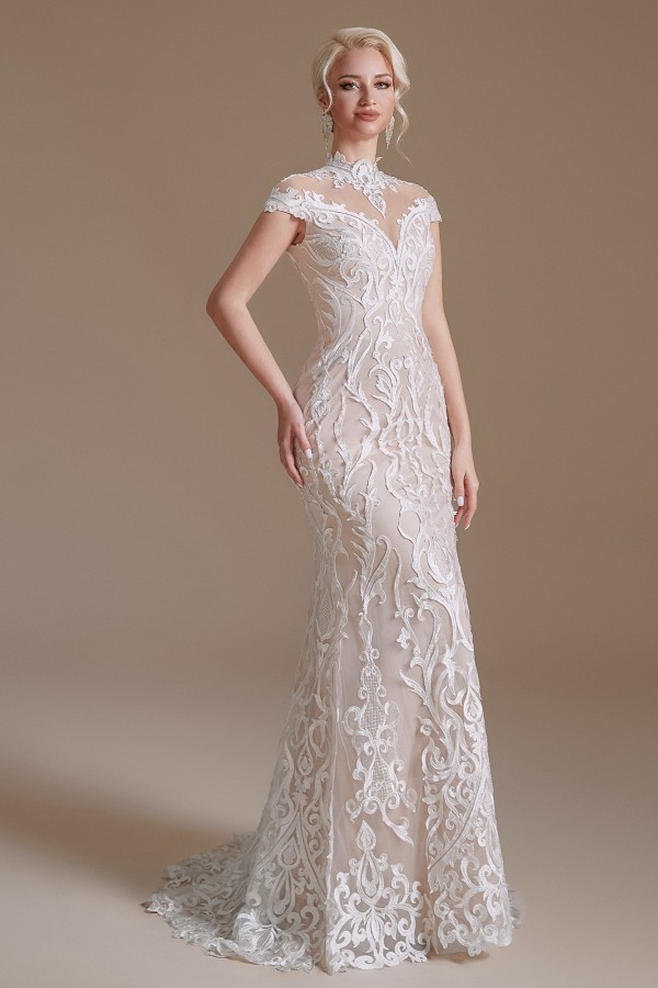 BMbridal Mermaid High Neck Wedding Dress Lace With Cap Sleeves-BMbridal