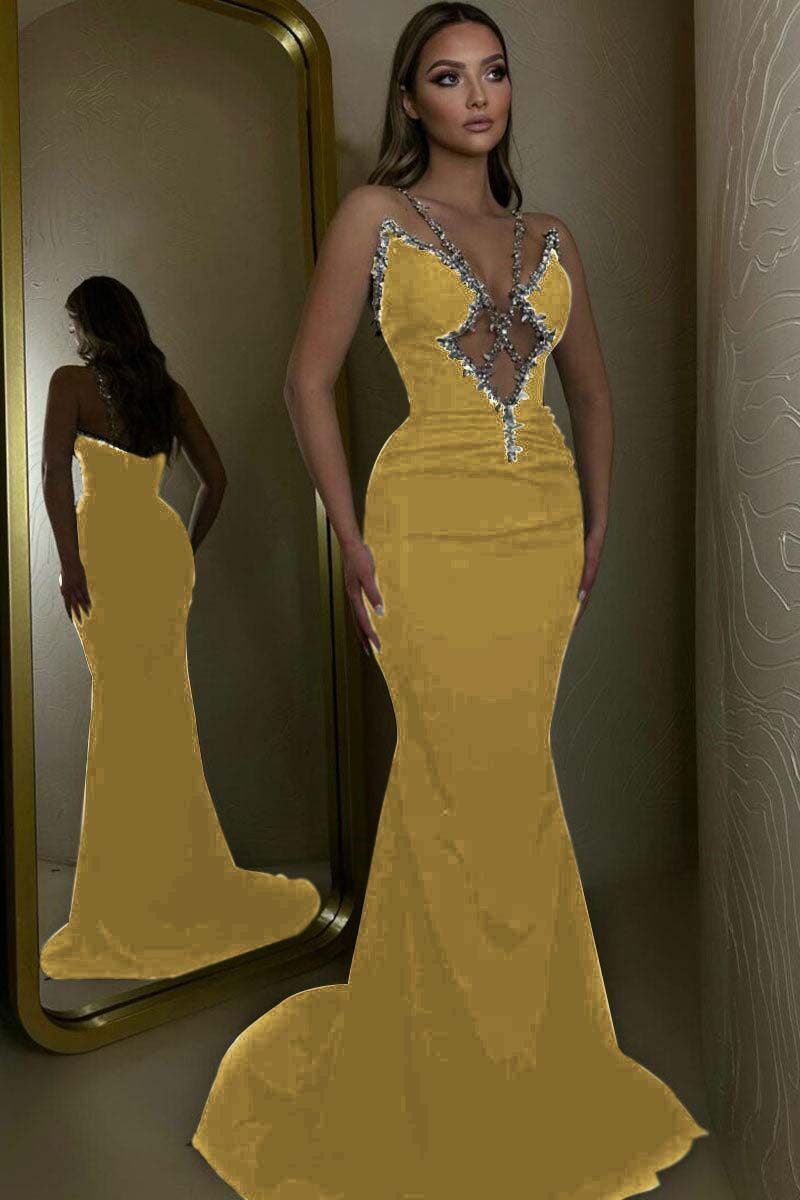 Spaghetti Strap Sleeveless Long Mermaid Prom Dress With Beading