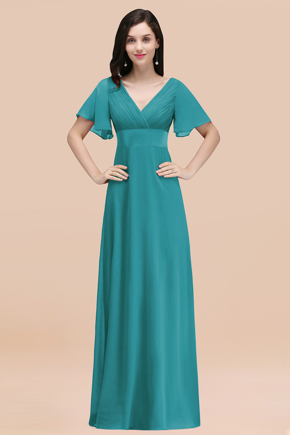 BMbridal Affordable V-Neck Ruffle Long Burgundy Bridesmaid Dress With Short-Sleeves-BMbridal
