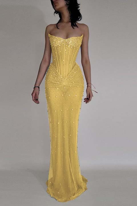 Strapless Sleeveless Mermaid Long Prom Dress With Beading Tulle