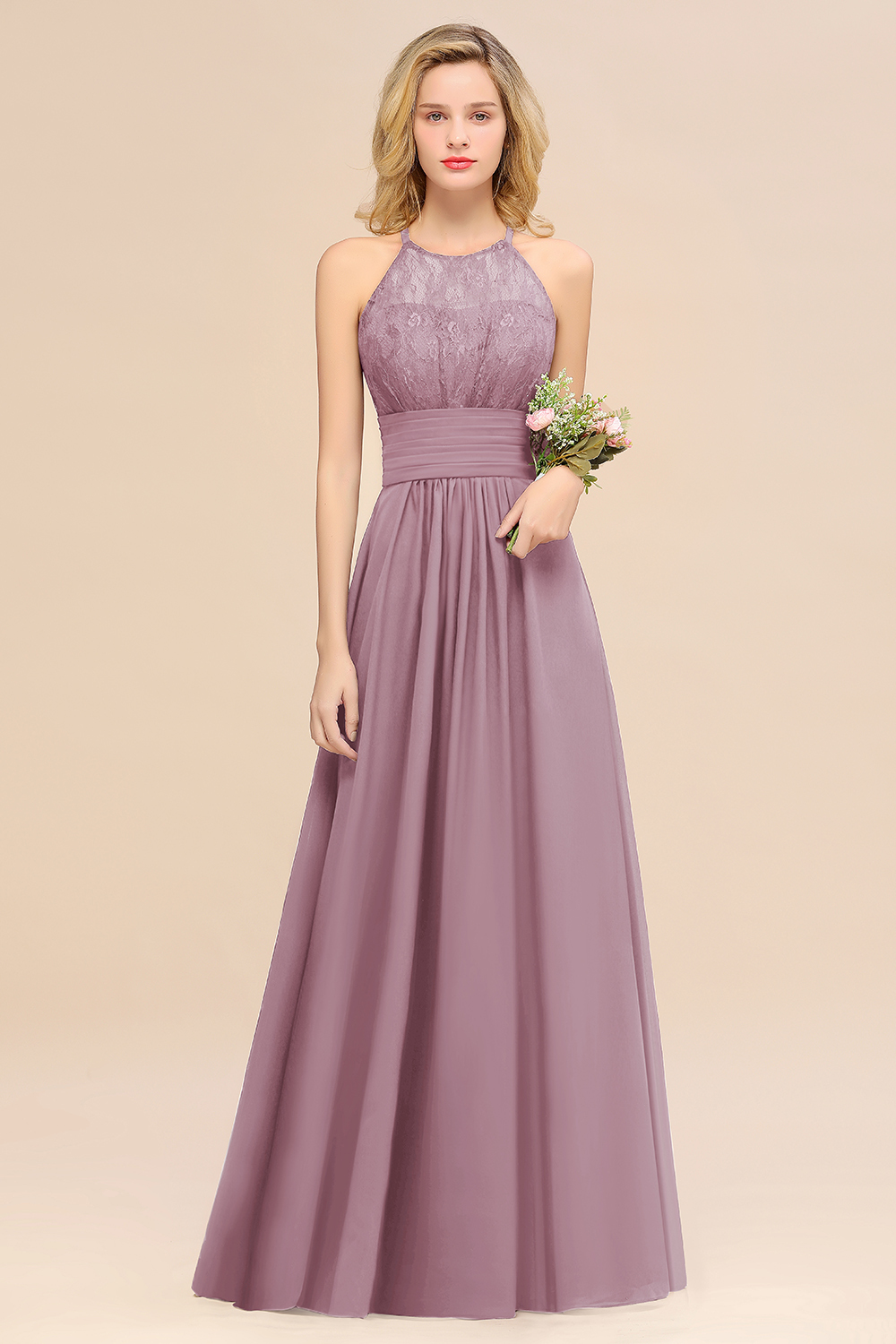 BMbridal Elegant Halter Ruffles Sleeveless Grape Lace Bridesmaid Dresses Affordable-BMbridal
