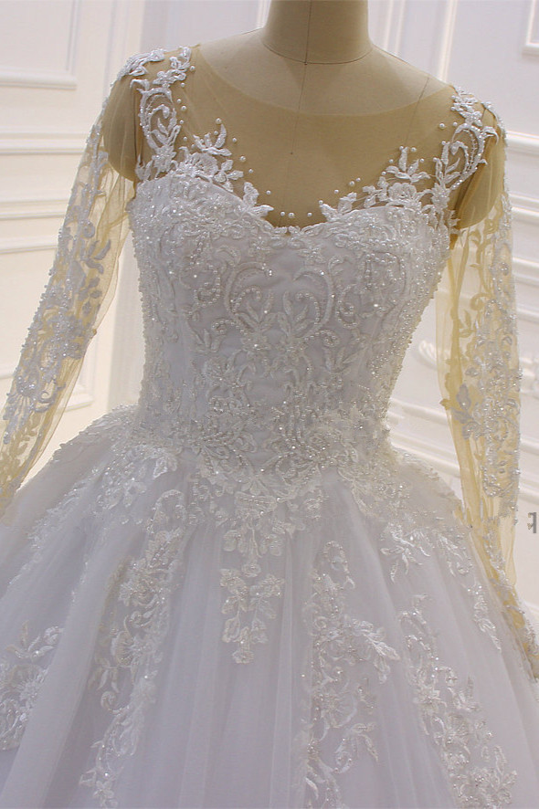 BMbridal Ball Gown Tulle Appliqus Wedding Dress Long Sleeves Jewel Beading Ruffles Bridal Gowns On Sale-BMbridal